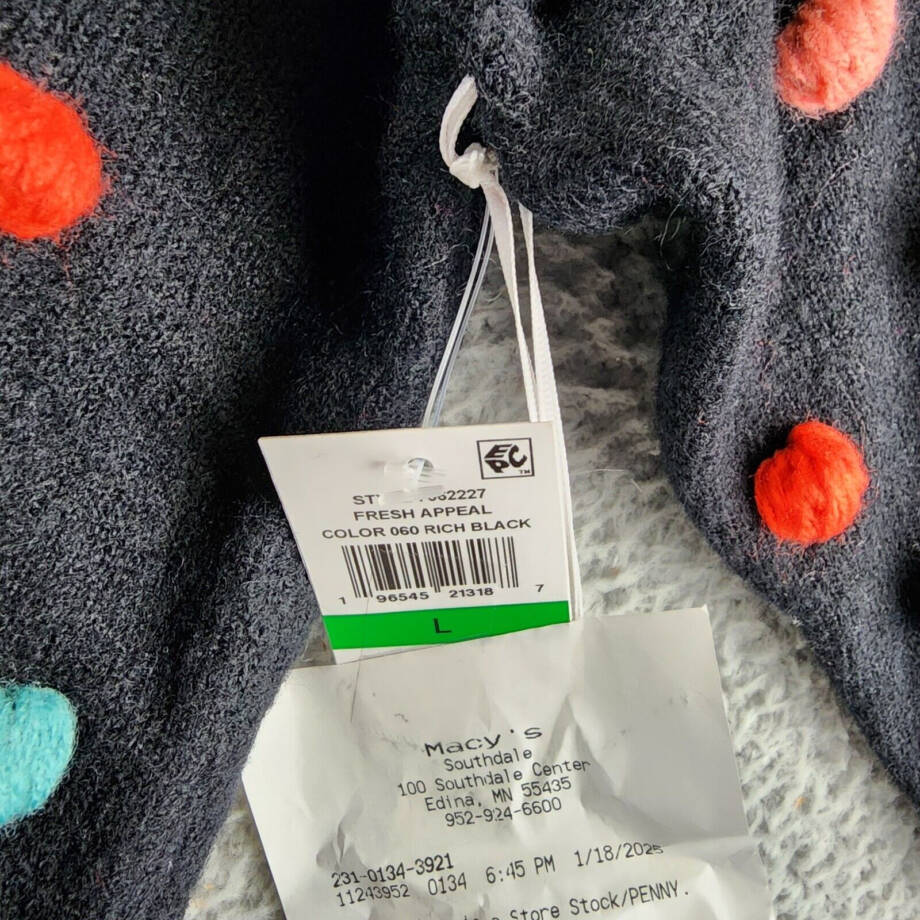CeCe Mock Neck Rainbow Pom Pom Sweater Women's L Rich Black Long Sleeve Pullover