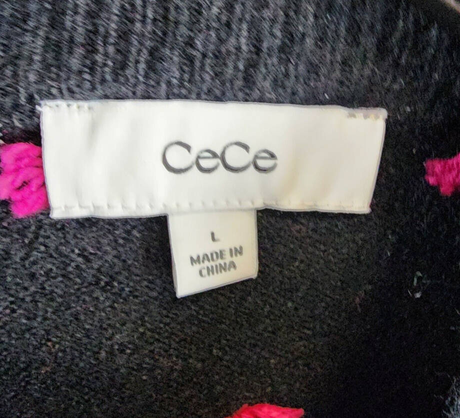 CeCe Mock Neck Rainbow Pom Pom Sweater Women's L Rich Black Long Sleeve Pullover