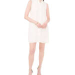 CeCe Pleated Scallop-Trim Button-Up Dress Women's S New Ivory Button Closure~