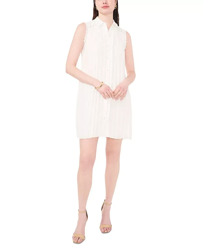 CeCe Pleated Scallop-Trim Button-Up Dress Women's S New Ivory Button Closure~