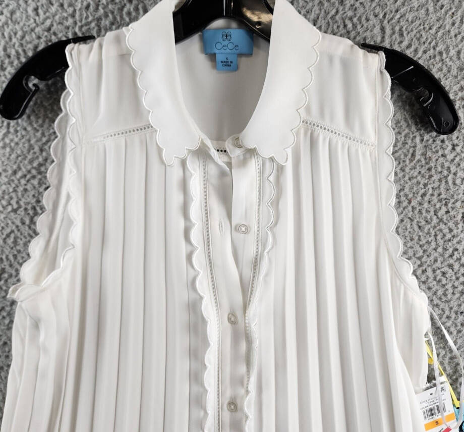CeCe Pleated Scallop-Trim Button-Up Dress Women's S New Ivory Button Closure~