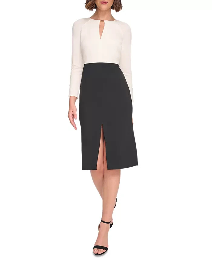 Tommy Hilfiger Keyhole-Neck Sheath Dress Women's 8 Cream/Black Zip Closure L/S