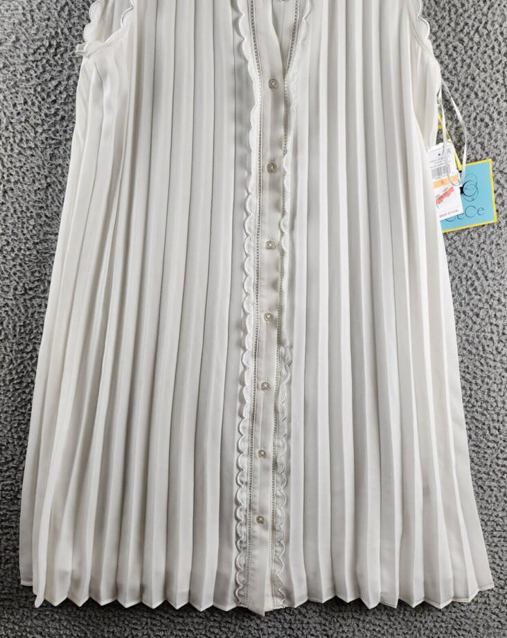 CeCe Pleated Scallop-Trim Button-Up Dress Women's S New Ivory Button Closure~
