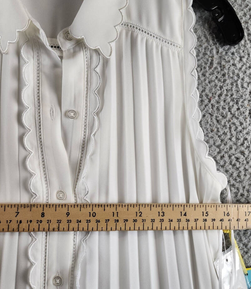 CeCe Pleated Scallop-Trim Button-Up Dress Women's S New Ivory Button Closure~