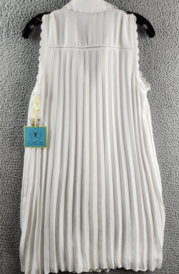 CeCe Pleated Scallop-Trim Button-Up Dress Women's S New Ivory Button Closure~
