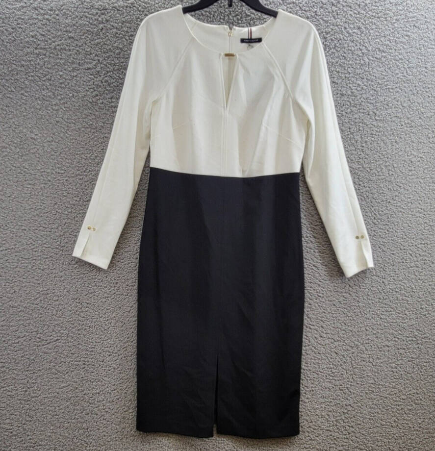 Tommy Hilfiger Keyhole-Neck Sheath Dress Women's 8 Cream/Black Zip Closure L/S