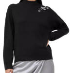 French Connection Beaded Mock Neck Sweater Women's S Blackout Long Sleeve