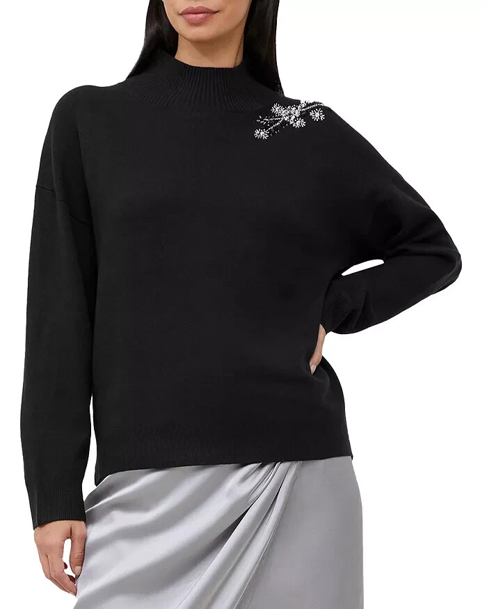 French Connection Beaded Mock Neck Sweater Women's S Blackout Long Sleeve