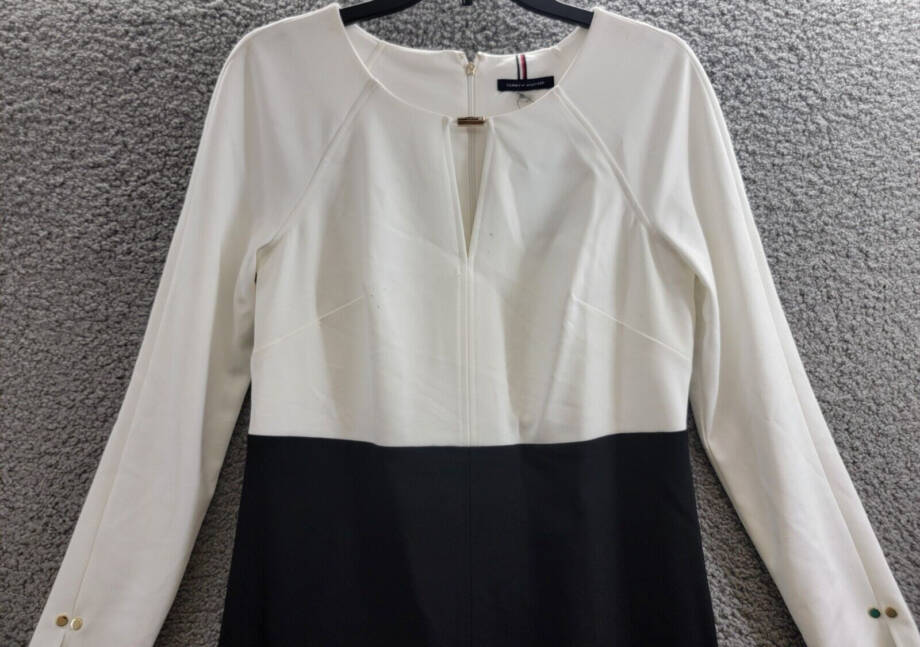 Tommy Hilfiger Keyhole-Neck Sheath Dress Women's 8 Cream/Black Zip Closure L/S