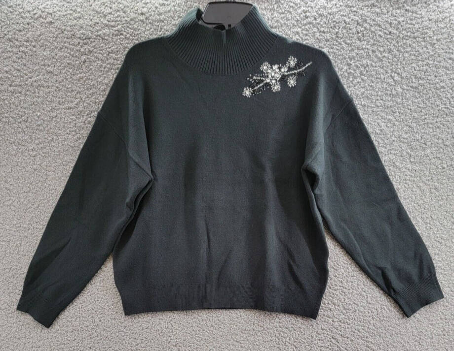 French Connection Beaded Mock Neck Sweater Women's S Blackout Long Sleeve