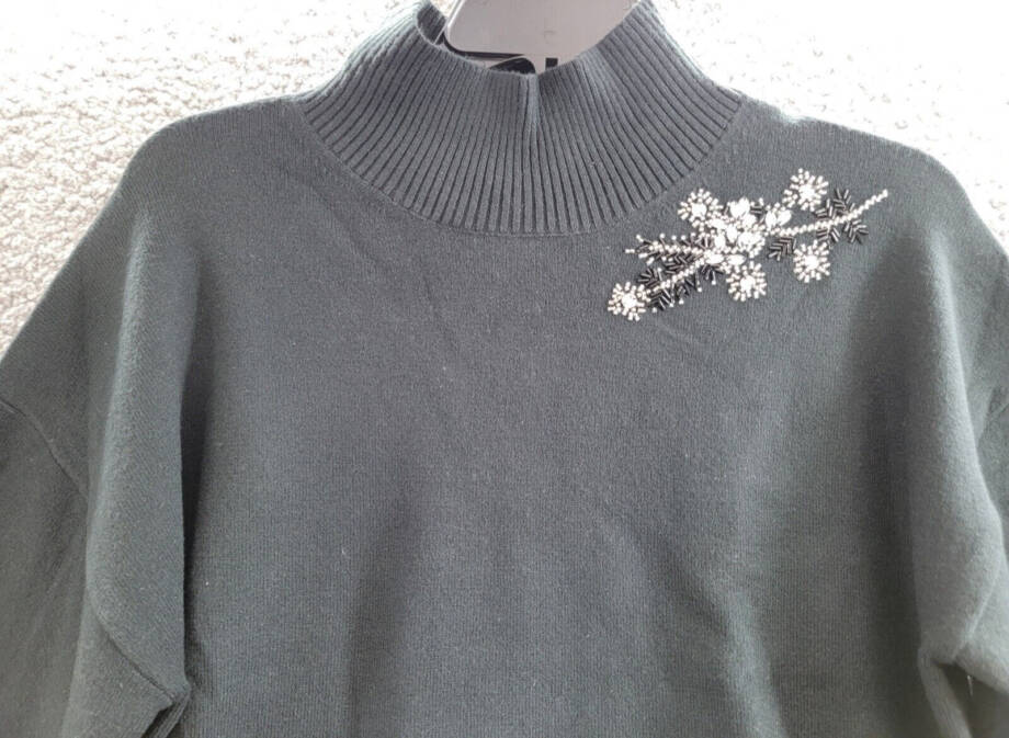 French Connection Beaded Mock Neck Sweater Women's S Blackout Long Sleeve