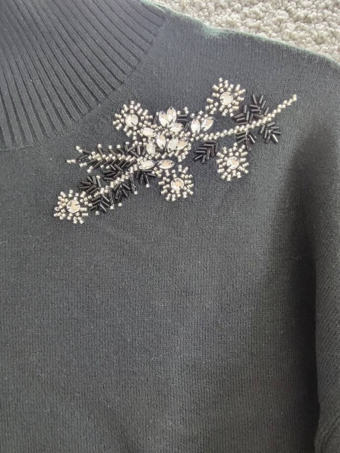 French Connection Beaded Mock Neck Sweater Women's S Blackout Long Sleeve