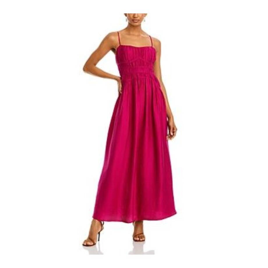 AQUA Crinkle Smocked Maxi Dress Women's S Berry Square Neck Adjustable Strap