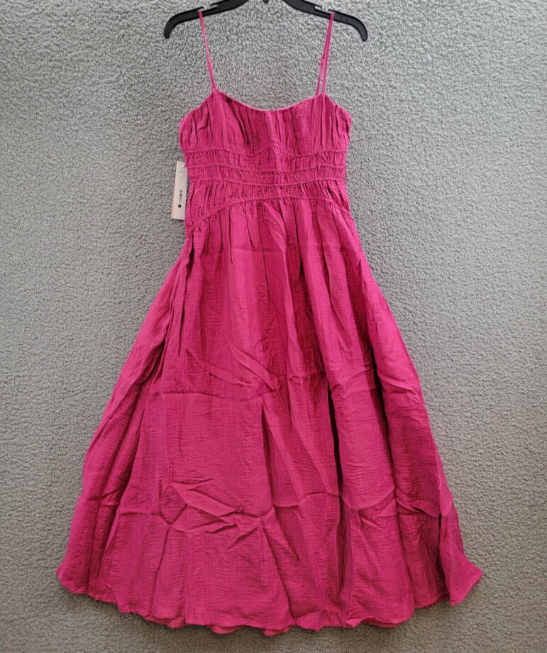 AQUA Crinkle Smocked Maxi Dress Women's S Berry Square Neck Adjustable Strap