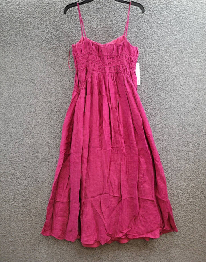 AQUA Crinkle Smocked Maxi Dress Women's S Berry Square Neck Adjustable Strap