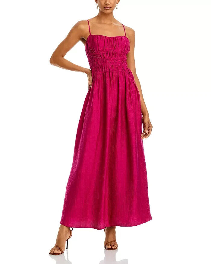 AQUA Crinkle Smocked Maxi Dress Women's M Berry Square Neck Side Zip Closure
