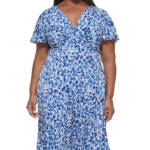 Jessica Howard Plus Size Printed V-Neck Short-Sleeve Dress Womens 14W Blue Multi