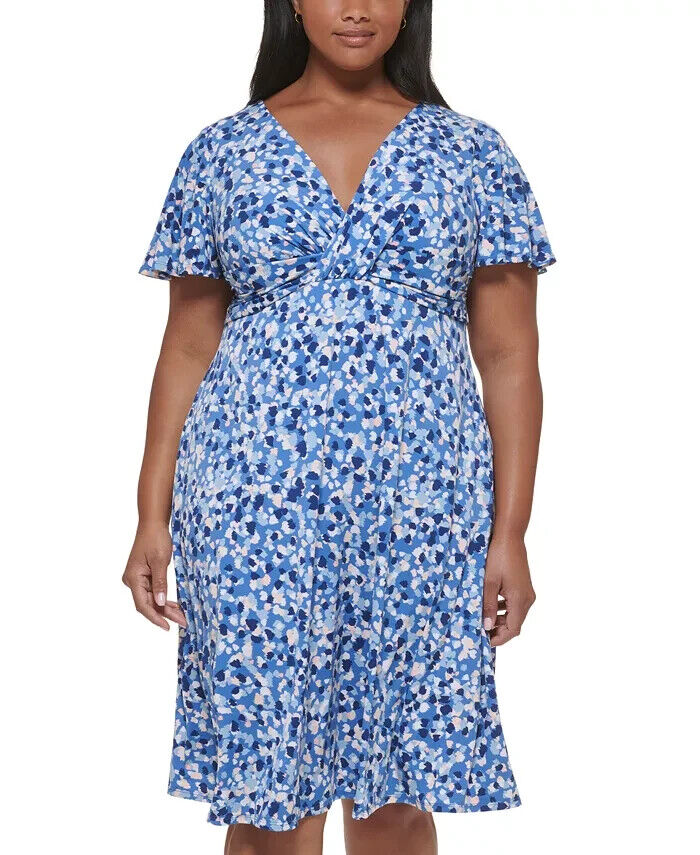Jessica Howard Plus Size Printed V-Neck Short-Sleeve Dress Womens 14W Blue Multi