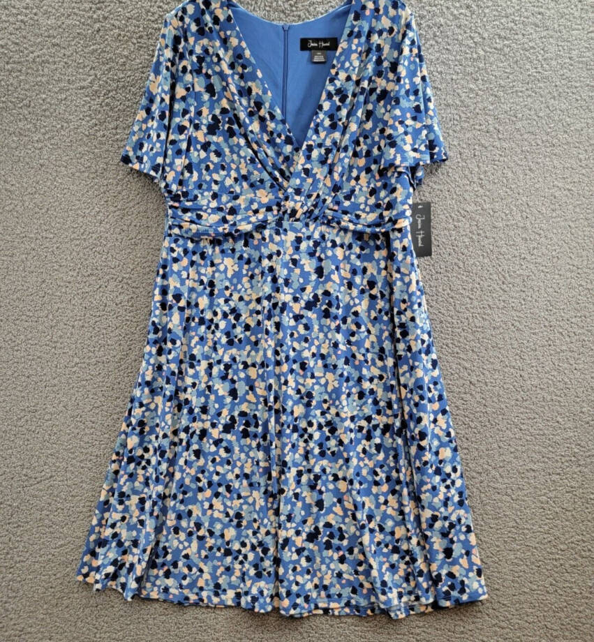 Jessica Howard Plus Size Printed V-Neck Short-Sleeve Dress Womens 14W Blue Multi
