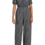 London Times Plus Puff Sleeve Front Zip Jumpsuit 22W Black/Ivory Smocked Waist