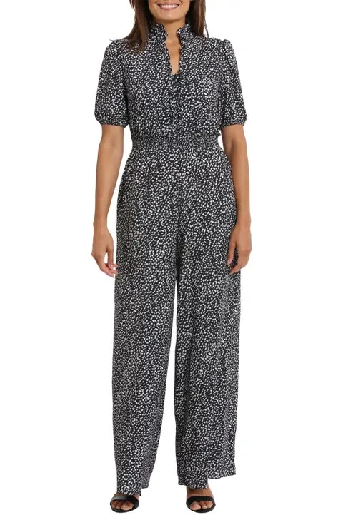 London Times Plus Puff Sleeve Front Zip Jumpsuit 22W Black/Ivory Smocked Waist