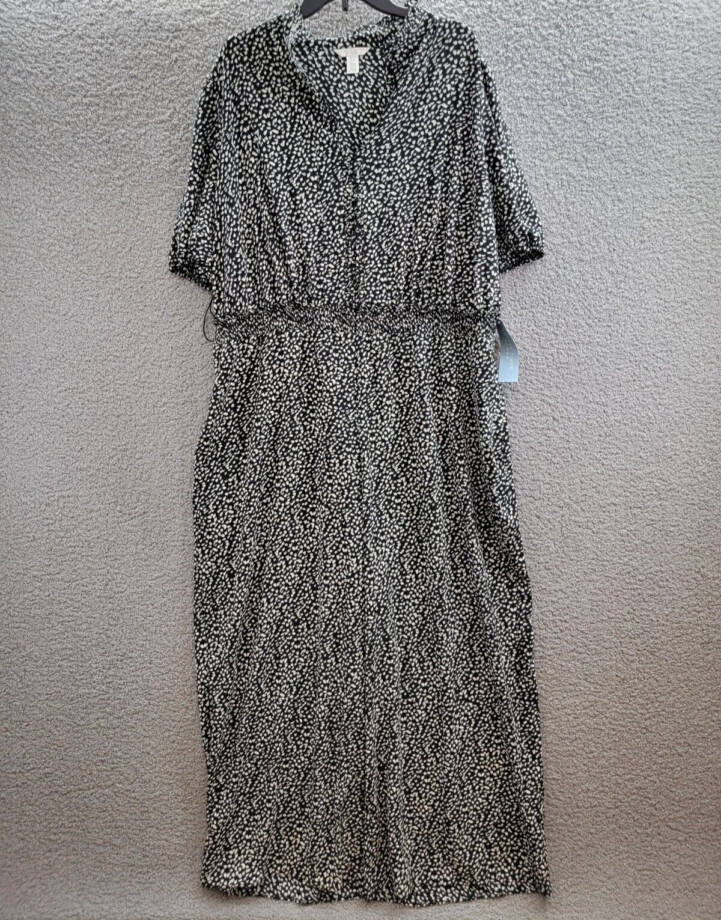 London Times Plus Puff Sleeve Front Zip Jumpsuit 22W Black/Ivory Smocked Waist