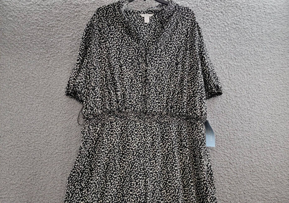 London Times Plus Puff Sleeve Front Zip Jumpsuit 22W Black/Ivory Smocked Waist