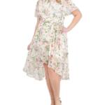 Jessica Howard Plus Printed Faux-Wrap Tie-Waist Dress Women's 22W Ivory Multi