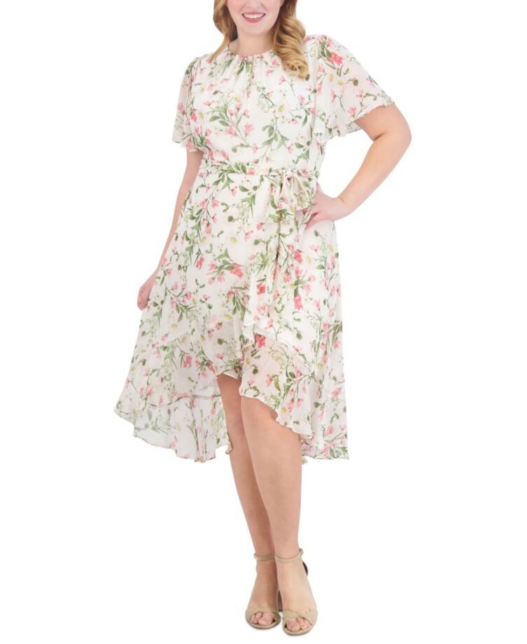 Jessica Howard Plus Printed Faux-Wrap Tie-Waist Dress Women's 22W Ivory Multi