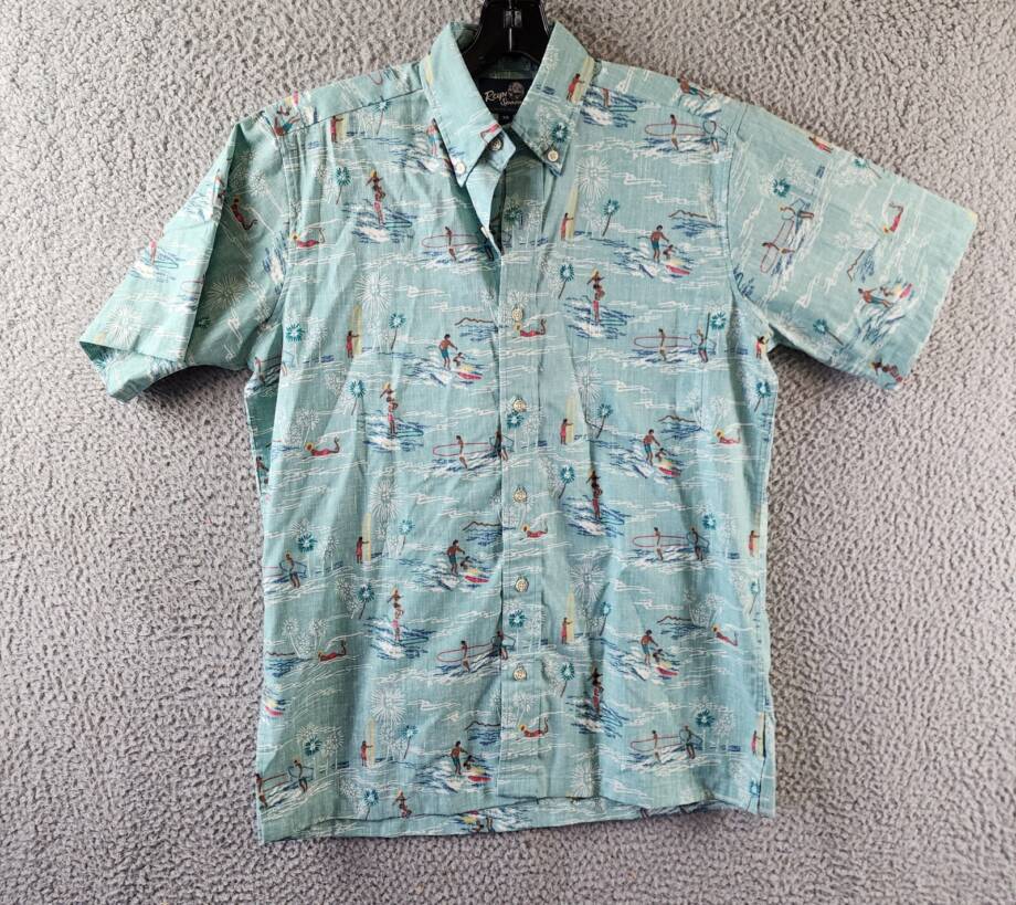 Reyn Spooner Surfing Hawaiian Aloha Shirt Mens XS Nile Blue Front Button Closure