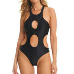 Red Carter Shine Solids Cutout Skimpy Fit One-Piece Swimsuit Women's XL Black