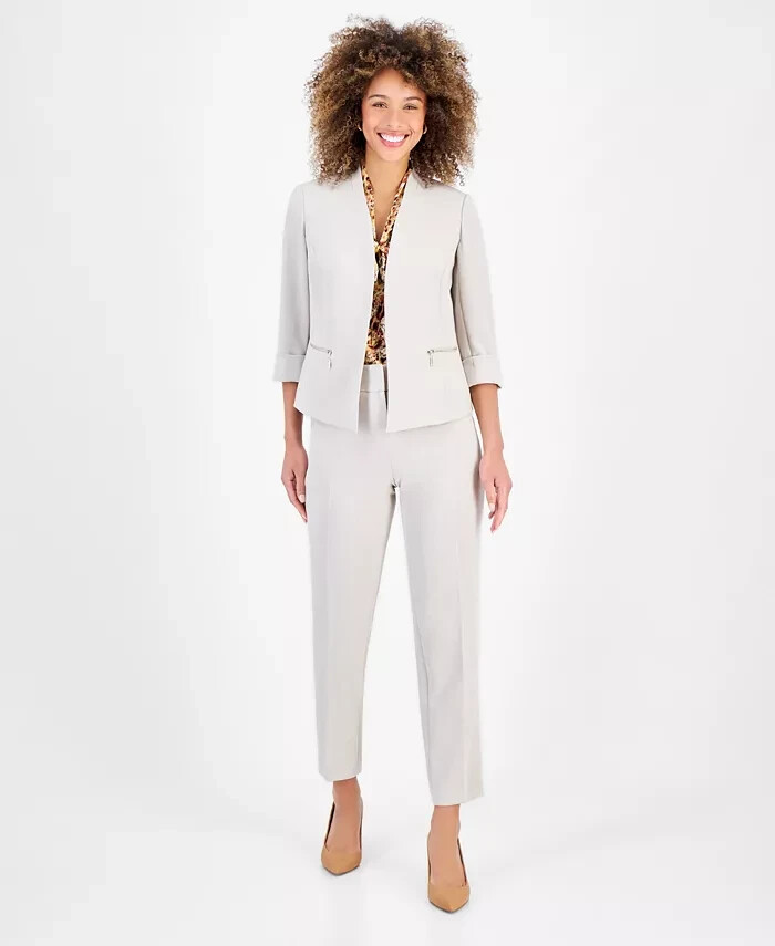 Kasper Pebbled Crepe Blazer Women's 14 Summer Straw Two Front Zip Pockets