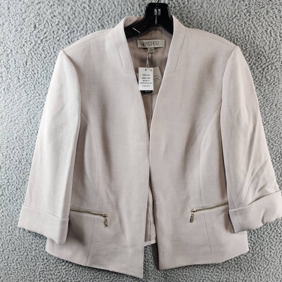 Kasper Pebbled Crepe Blazer Women's 14 Summer Straw Two Front Zip Pockets