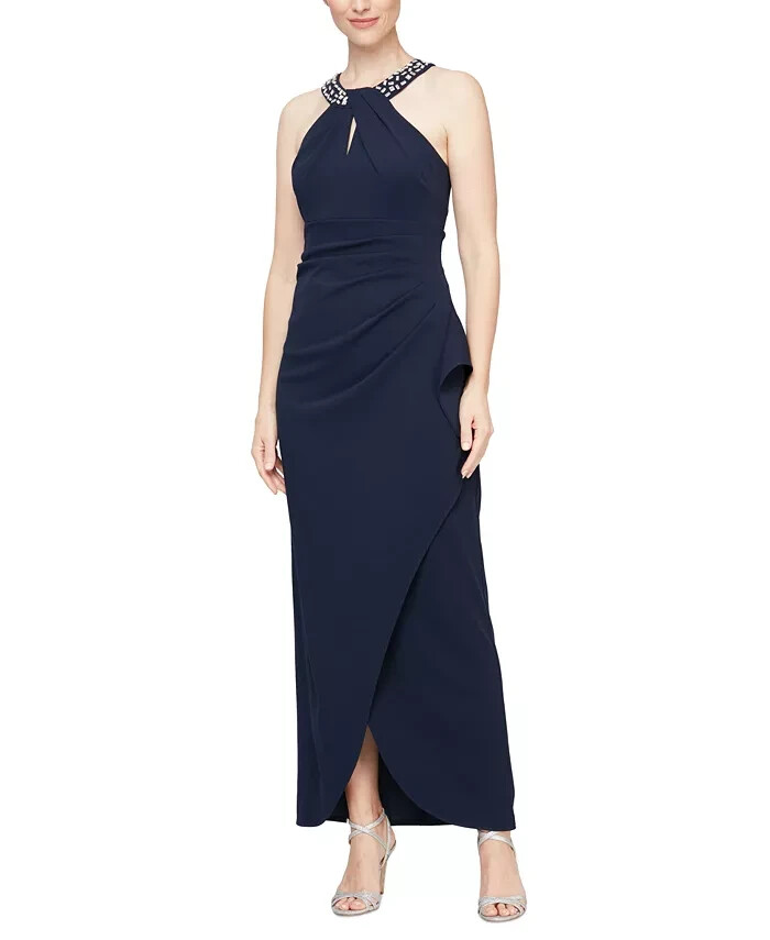 SLNY Twisted-Neck Tulip-Hem Dress Women's Navy Sleeveless Zip/Hook & Eye