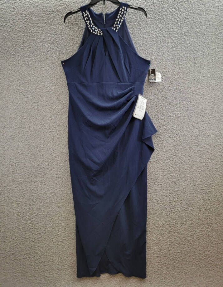 SLNY Twisted-Neck Tulip-Hem Dress Women's Navy Sleeveless Zip/Hook & Eye