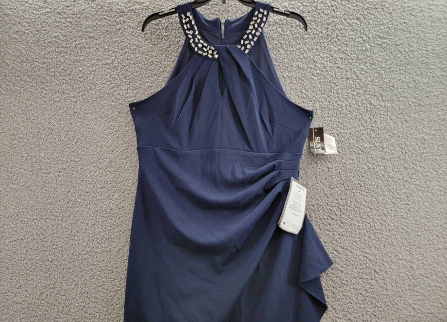 SLNY Twisted-Neck Tulip-Hem Dress Women's Navy Sleeveless Zip/Hook & Eye