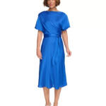 DKNY Cowlneck Dolman-Sleeve Belted Midi Dress Womens 6 Sapphire Side Zip Closure