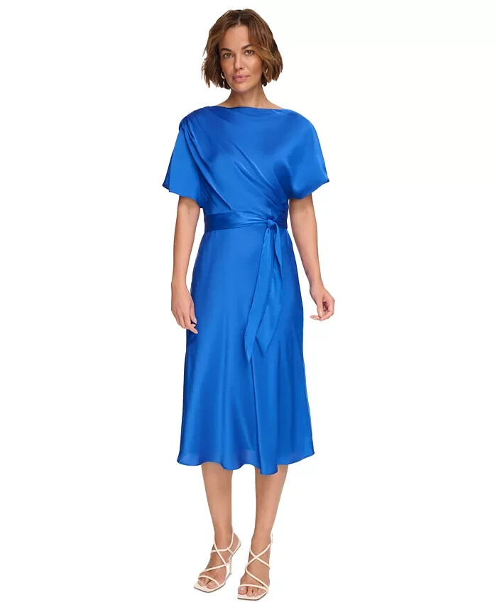 DKNY Cowlneck Dolman-Sleeve Belted Midi Dress Womens 6 Sapphire Side Zip Closure