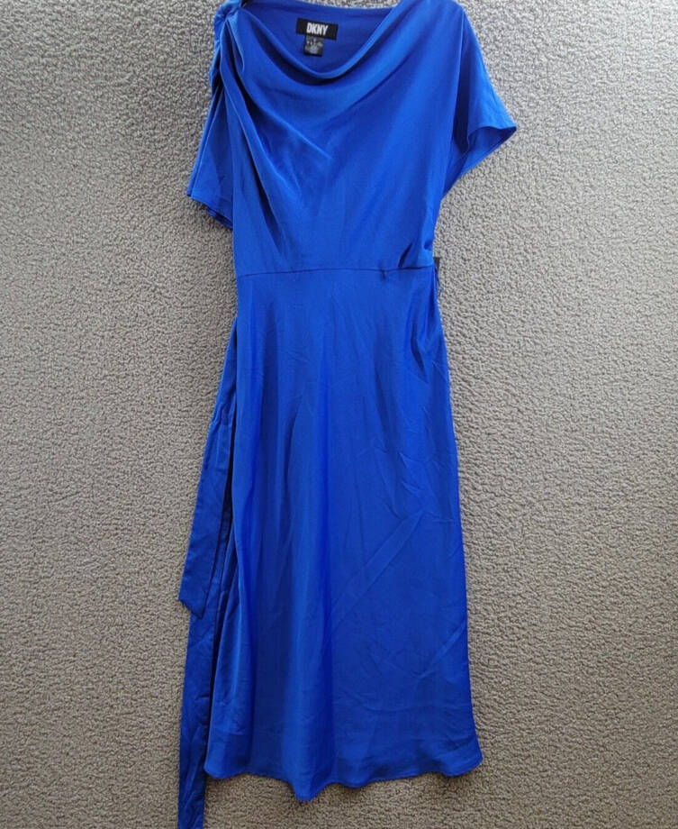 DKNY Cowlneck Dolman-Sleeve Belted Midi Dress Womens 6 Sapphire Side Zip Closure