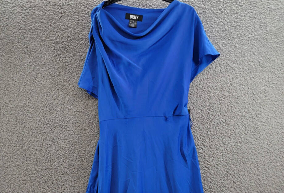 DKNY Cowlneck Dolman-Sleeve Belted Midi Dress Womens 6 Sapphire Side Zip Closure