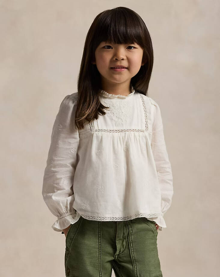 Ralph Lauren Embroidered Voile Top Big Girls 6/6X White Stand Collar Button Back