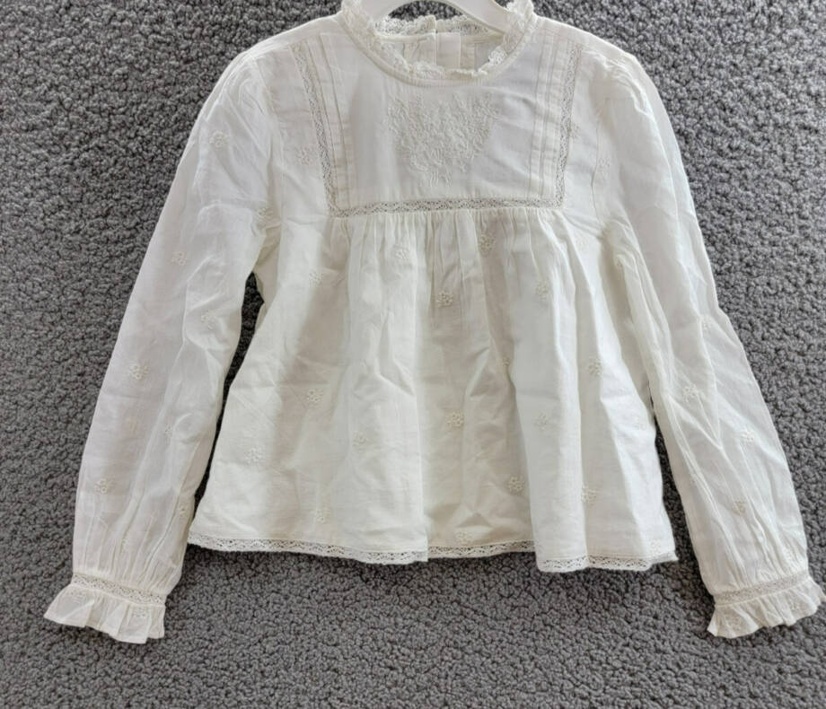 Ralph Lauren Embroidered Voile Top Big Girls 6/6X White Stand Collar Button Back
