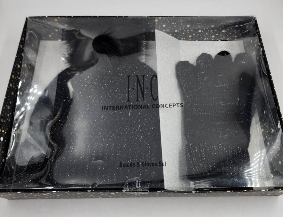 INC International Concepts Glitter Beanie & Glove Set Women's One Size Black