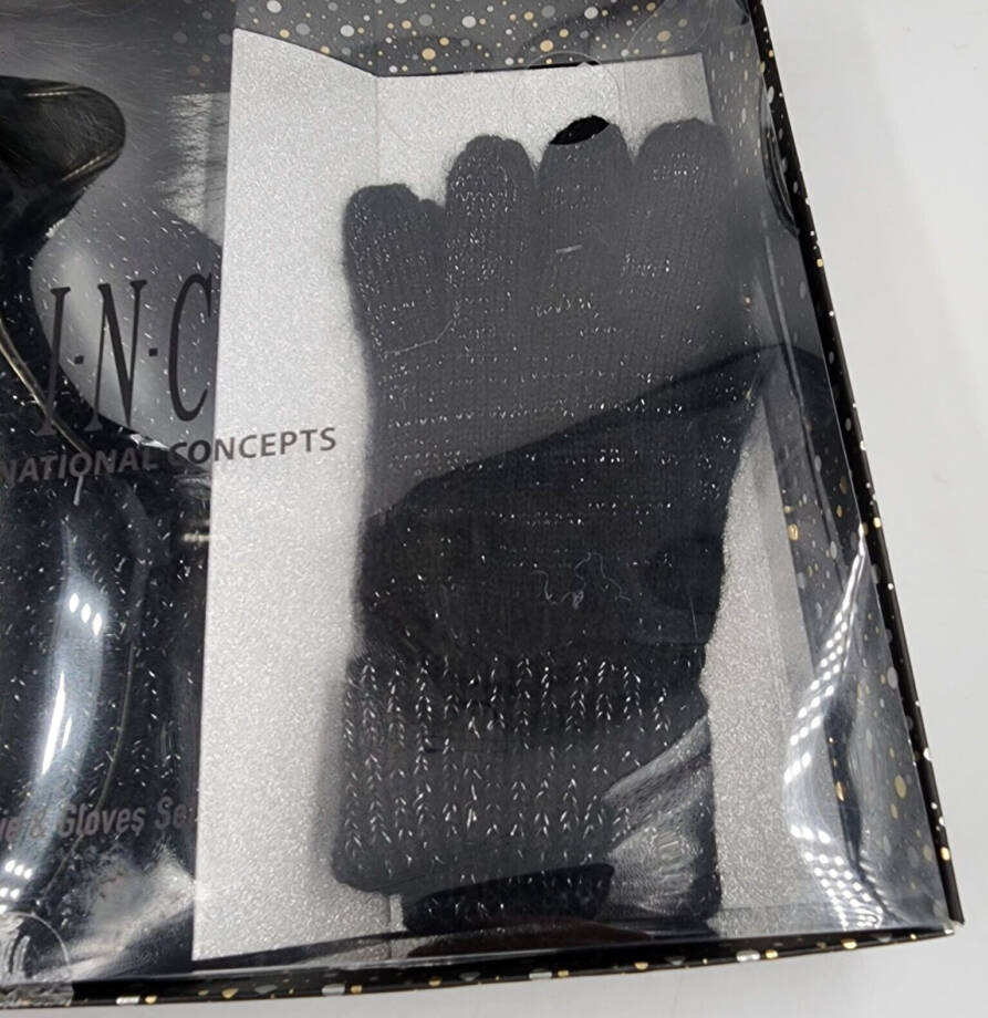 INC International Concepts Glitter Beanie & Glove Set Women's One Size Black