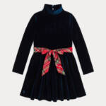 Polo Ralph Lauren Velour Turtleneck Dress Girls 6X Navy 2-Button Placket At Back
