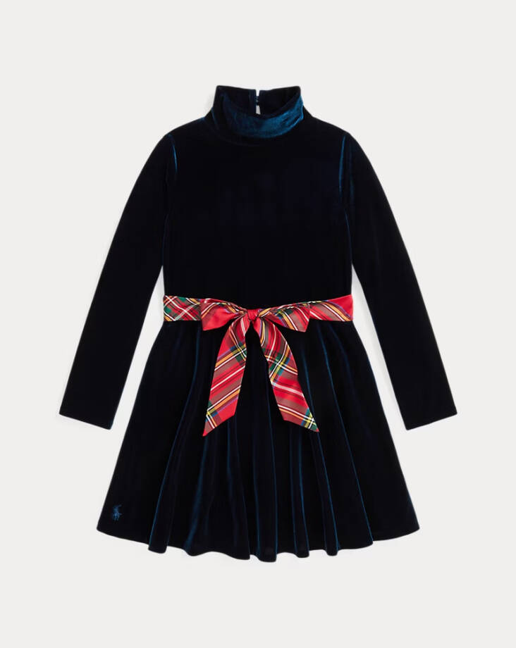 Polo Ralph Lauren Velour Turtleneck Dress Girls 6X Navy 2-Button Placket At Back