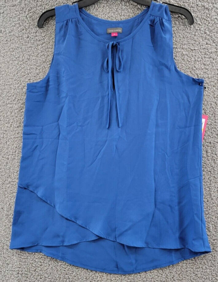 VINCE CAMUTO Sleeveless Tulip Hem Top Women's M Sapphire Blue Split Crewneck Tie
