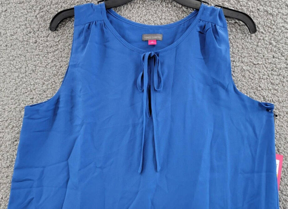 VINCE CAMUTO Sleeveless Tulip Hem Top Women's M Sapphire Blue Split Crewneck Tie