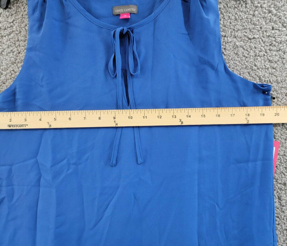 VINCE CAMUTO Sleeveless Tulip Hem Top Women's M Sapphire Blue Split Crewneck Tie