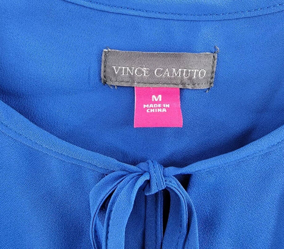 VINCE CAMUTO Sleeveless Tulip Hem Top Women's M Sapphire Blue Split Crewneck Tie